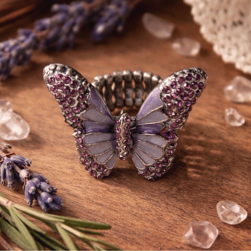 Purple Butterfly Crystal Stretch Ring - Women Jewelry